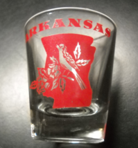 Arkansas Shot Glass Clear Glass with Red Print Mockingbird State Illustrations - £5.49 GBP