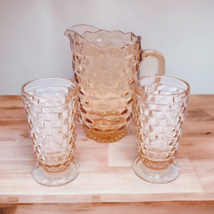 Vtg Lot of Whitehall Indiana Glass Pink Cubed Cubist Pitcher + 2 Tumbler Glasses - £31.42 GBP