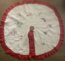 Vintage Christmas Tree Skirt Ruffles Embroidered Quilted - £35.97 GBP