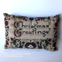 Vintage Tapestry Christmas Holiday Pillow Accent Bolster Lumbar Cushion Greeting - £29.72 GBP