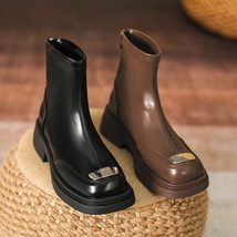 Brown Pu Leather Ankle Boots for Women Autumn Winter Short Plush Motorcycle Boot - £41.98 GBP