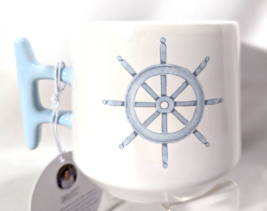 Sara Fitz 16 oz Mug Nautical Ship Wheel Stoneware Blue on White Kitchen Cup NWT - £10.45 GBP