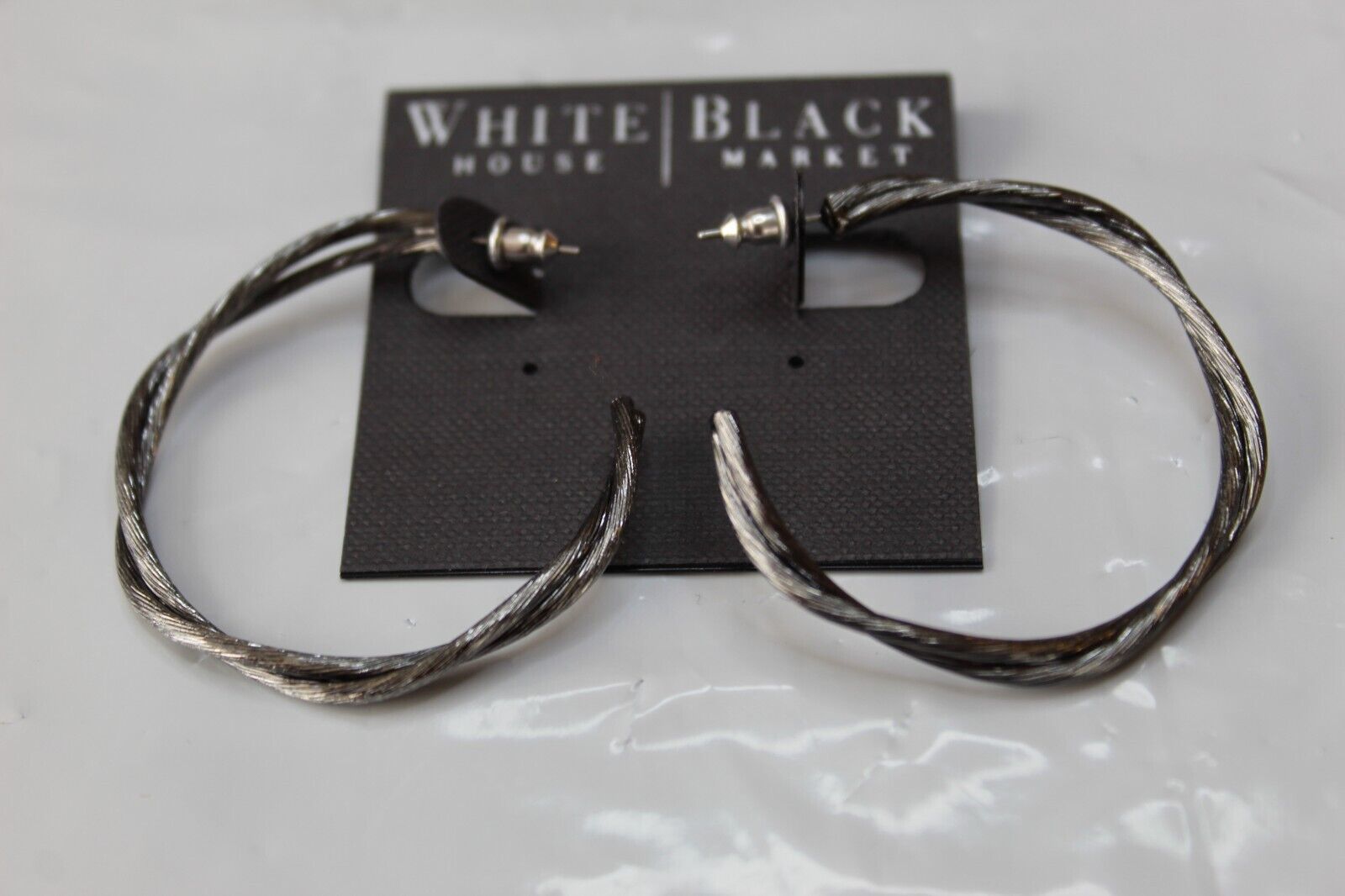 White House Black Market Stud Earrings Silver Tone Black Metallic Hoops 1 3/4 In - $17.79