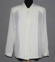 VTG Diversity Pleated Front Embroidered L/S Classic Ivory Blouse Wm&#39;s Pet 10 EXC - £18.66 GBP