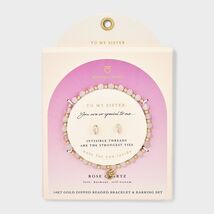 Double Heart Charm Beaded Bracelet & Stud Earrings Set Rose Quartz 2pc - $188.43 MXN