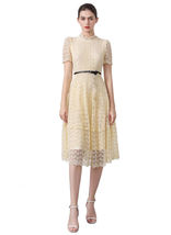 Women&#39;s High-neck Puffy Lace-trimmed Belted Cotton Midi Dress in Cream AUS STOCK - $153.35