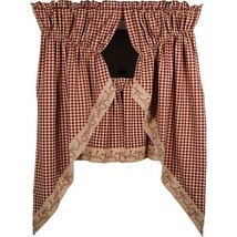 Berry Vine Check Barn Red Nutmeg 72&quot; x 24&quot; Lined Cotton Curtain Tiers - £23.80 GBP
