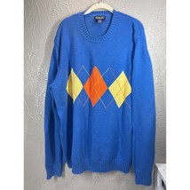 Vintage Lands End Mens Argyle Sweater Orange Blue Yellow Round Neck Size XL - $650.93 MXN