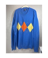 Vintage Lands End Mens Argyle Sweater Orange Blue Yellow Round Neck Size XL - $650.93 MXN