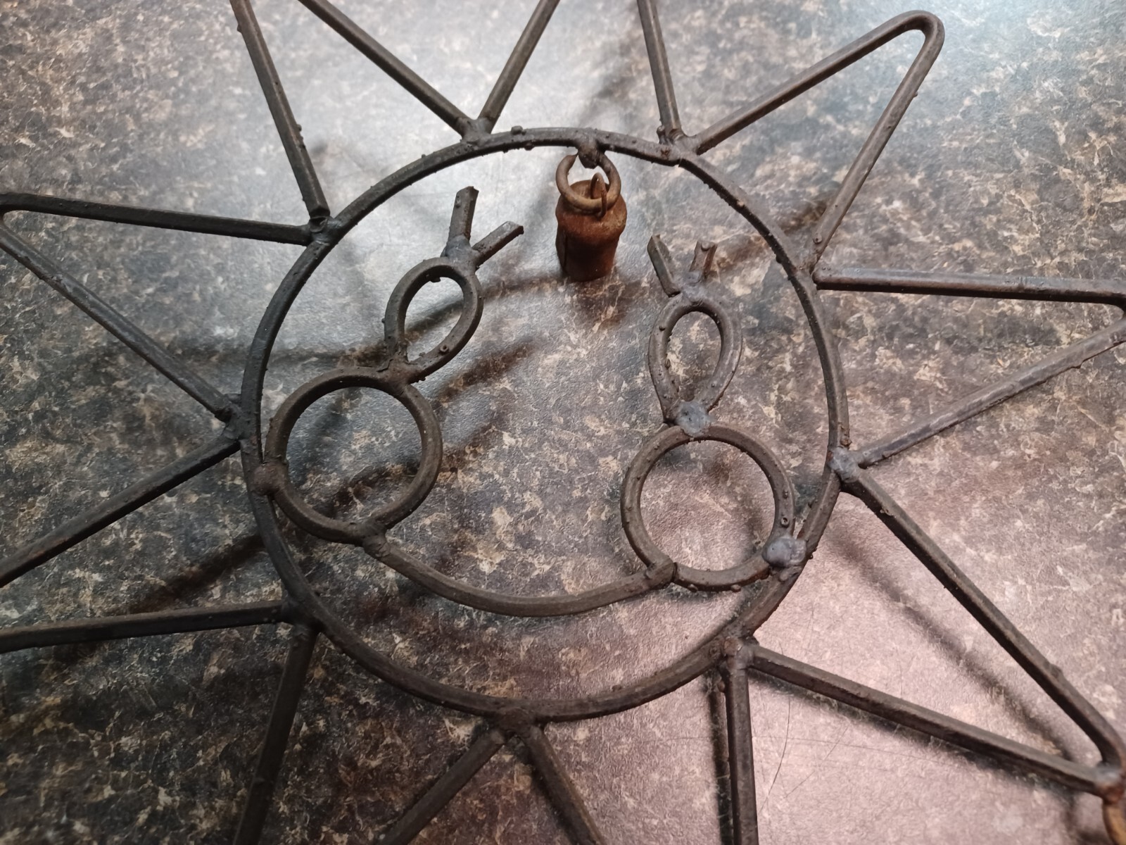 Vtg Primitive Rustic Iron Smiling Sun Rusty Bells Windchime Camel Bells Item image 3