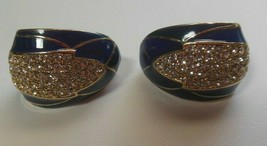 Vintage Signed CINER Pave Crystal Rhinestone &amp; Blue Enamel Clip-on Earrings - $168.30
