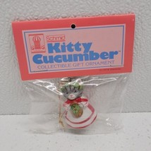 Vintage Schmid Kitty Cucumber Christmas Ornament Figurine Grey Cat Holly 1988 - £11.62 GBP