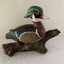 Wood Duck On Log Ceramic Figurine Hand Painted Cabin Decor Rustic Office Lodge - £16.73 GBP