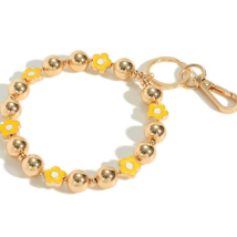 Yellow Enamel Flower and Gold Tone Metal Beaded Bangle Key Ring Keychain - £11.84 GBP