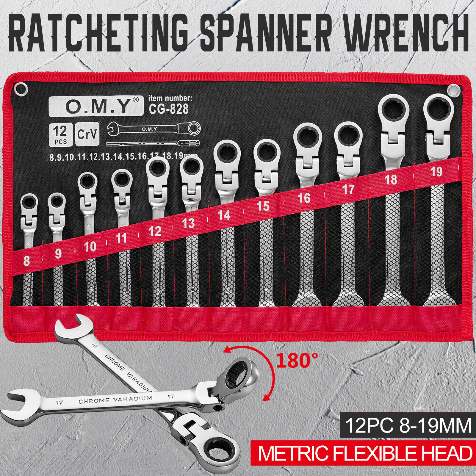 Primary image for 12Pc 8-19Mm Metric Flexible Head Ratcheting Wrench Combination Spanner Tool Set
