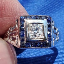 Earth mined Diamond Sapphire French cut Deco Engagement Ring Platinum Statement - $2,750.25