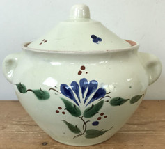 Vtg Russian Terra Cotta Ceramic Floral Painted Serving Pot Bowl Dish w L... - £62.90 GBP