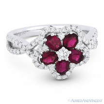 1.57ct Oval Cut Ruby Diamond Pave 18k White Gold Right-Hand Flower Cocktail Ring - £2,608.65 GBP