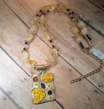 Necklace Bead Yellow Black Pink w/Pendant 20"+ w/Extender Lobster Clasp Upcycled - $12.00