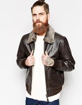 Hidesoulsstudio Genuine Fur Collar Men Brown Leather Jacket #172 - £225.18 GBP