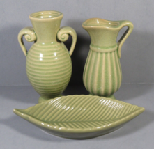 Mini Vases &amp; Mini leaf Dish Set Sage Green Pottery Intentional Crazing 4... - £7.80 GBP