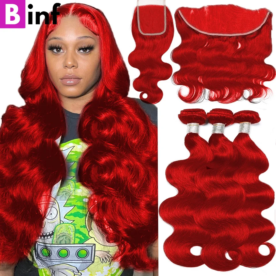 Hot Red Bundles With Closure Frontal Brazilian 100% Remy Human Hair Body Wave - £135.91 GBP+