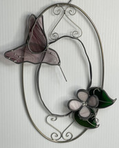 Stained Glass Hummingbird and Pink &amp; Green Flower Oval/bird lovers, gardeners. - £11.83 GBP