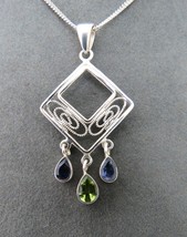 Topaz Peridot Amethyst Gems Bezel Set Sterling Silver Pendant Necklace 24&quot; Chain - £37.56 GBP