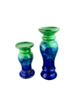 Set of Two Ceramic Candleholders Blue Green Drip Glazed Home Decor - £30.50 GBP