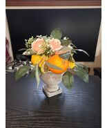 Citrus Lemons Oranges Faux Floral Arrangement Cement Vase Pink Rose Cent... - $23.95