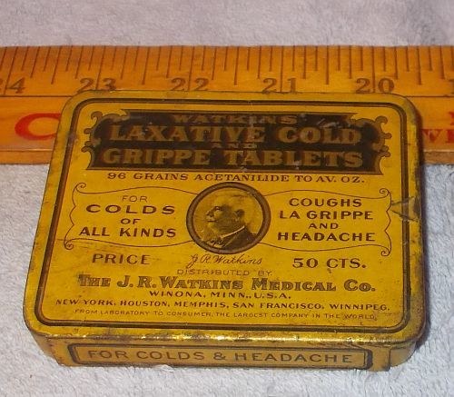 Antique Vintage Watkins Medical Laxative Gold Grippe Tablet Tin - $19.95