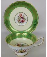 Vintage Hammersley Footed Teacup &amp; Saucer Floral Green w. Gold 4194 - £50.31 GBP