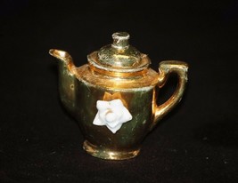 Vintage Mini Gold Tone Tea Pot w Lid Flower Curio Cabinet Shadowbox Decor Japan - £5.54 GBP