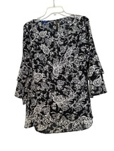 Apt. 9 Womens Top Black Medium Paisley Floral Flared Sleeve Pullover Blouse - $11.88