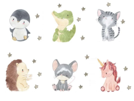 Cute Animals Sticker 6 pcs - Penguin, Crocodile, Cat, Hedgehog, Mouse, Unicorn - £5.69 GBP