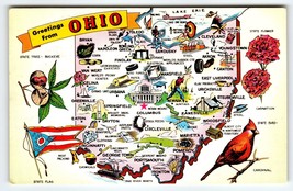 Ohio Map Postcard Chrome Cardinal Bird Buckeye State Flowers Flag Tichnor Unused - £7.84 GBP