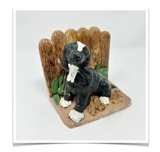 VTG Black &amp; White Dog Bookend Emerald Green Rhinestone Eyes Chalk-ware  6.5&quot; - £19.32 GBP