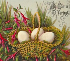 188&#39;s Antique Victorian Basket of Eggs &amp; Fuschia Flowers Easter Greeting Card - £7.11 GBP