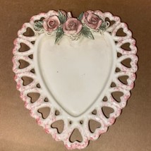 Vintage Tray Heart Shape Pink &amp; White With Roses 7.5” X 6.5” Ceramic - £7.58 GBP