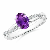 ANGARA 7x5mm Natural Amethyst Twist Shank Ring with Diamonds in Sterling Silver - £267.77 GBP+