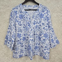 J Jill Love Linen Top Womens Large Blue White Floral Pullover Y Neck Pintucked - £23.06 GBP