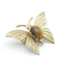 TIGER&#39;S EYE butterfly brooch - vintage gold-tone brown stone cabochon body pin - £7.09 GBP