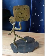 Kiss Me! I&#39;m Italian! Brass Stick Man Sculpture on Hardwood Base by Gino... - $19.90