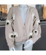 Chunky Teddy Bear Sweater Womens S Crochet Beige Cropped Cardigan Debut ... - $575.50 MXN