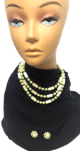 Green Beaded Ladies Necklace Matching Clip Earrings Set Round &amp; Tube Beads Japan - £16.60 GBP