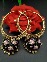 Indian Bollywood Style Enameled Bali Hoop Jhumka Earrings Black Jewelry Set - £15.17 GBP