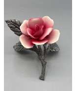 Vtg Pink Porcelain Rose On Metal Pewter Stem With Leaves - $291.89 MXN