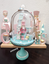 NUTCRACKER in CLOCHE DOME Stand DECOR Gingerbread Tree Pastel Blue Pink ... - $49.49