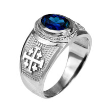 Sterling Silver Jerusalem Cross Blue CZ September Birthstone Ring - £39.10 GBP