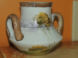 Hand Painted Japan Vase 4.25&quot; Green &amp; Brown Trees w/Black Accents Moriage - $17.68 CAD